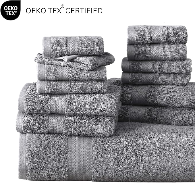 LANE LINEN 100% Cotton Towel Set for Bathroom - 18 Piece - Super Soft, Quick Dry & Highly Absorbent - 4 Bath, 8 Wash Cloth, 6 Hand Towels - Turkish Quality, Durable & Easy Care - Space Grey