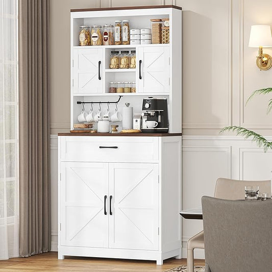 69.3" Tall Kitchen Pantry Cabinet with Door, Drawer and Storage Shelves, Large Storage Cabinet, Buffet Cupboard, Kitchen Hutch with Wide Countertop and Charge Holes for Home Office Use, White