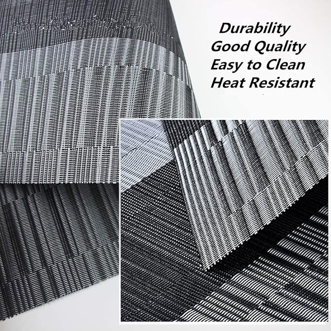 Placemats, Washable PVC Table Mats, Woven Vinyl Placemat for Dining Table Place Mats Set (6 Placemats and 1 Table Runner, Black and Grey)