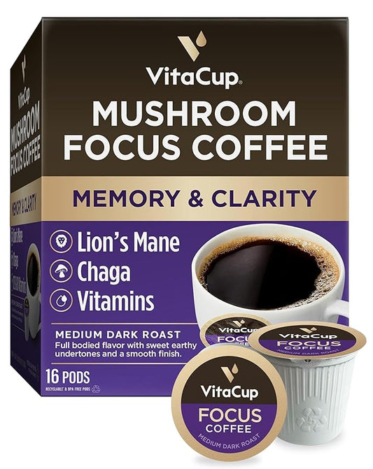 VitaCup Mushroom Coffee Pods - Boost Focus & Immunity with Lions Mane, Chaga, Vitamins, for Memory & Clarity, Recyclable K-Cup Pods, 16 Ct