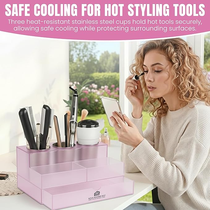 NovaHeavensNest Premium Vanity Hair Tool Organizer Translucent Frozen Acrylic | Large Bathroom Organizer Countertop & Drawer Storage for Hair Tools | Slip-Resistant Hairdryer & Curling Iron Holder