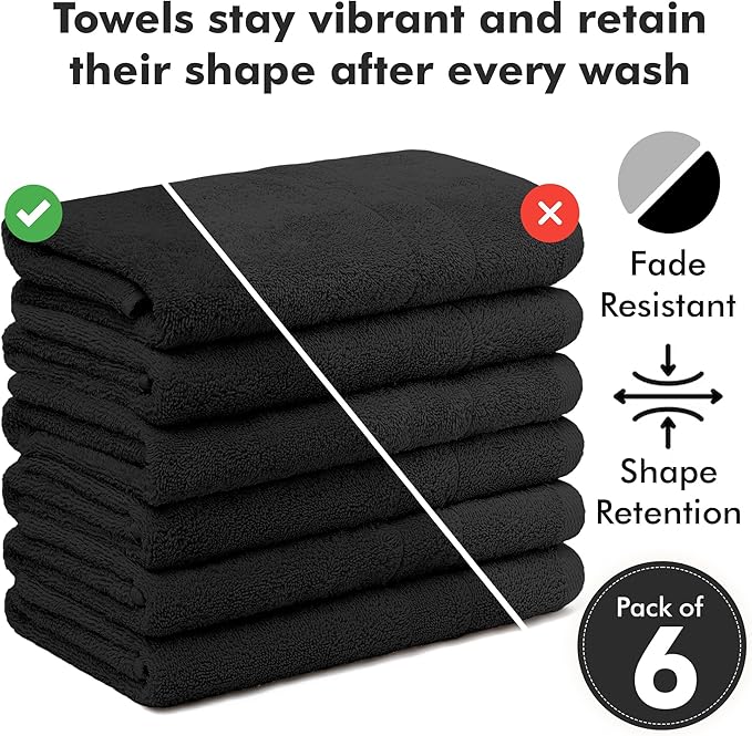 100% Cotton Hand Towels for Bathroom – Soft & Absorbent Towel Set– Pack of 6 Small Towel (34x20in) – Quick Dry Luxury Cotton Hand Towels – Black