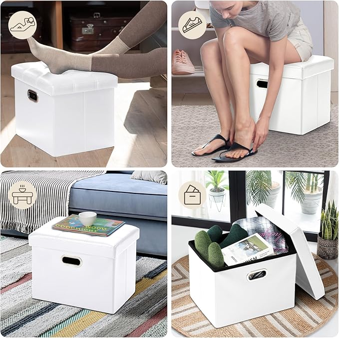 COSYLAND Storage Ottoman 17x13x13in Leather Rectangle Foot Rest Folding Bench Seat Organizer Entryway Furniture with Handles Lid White
