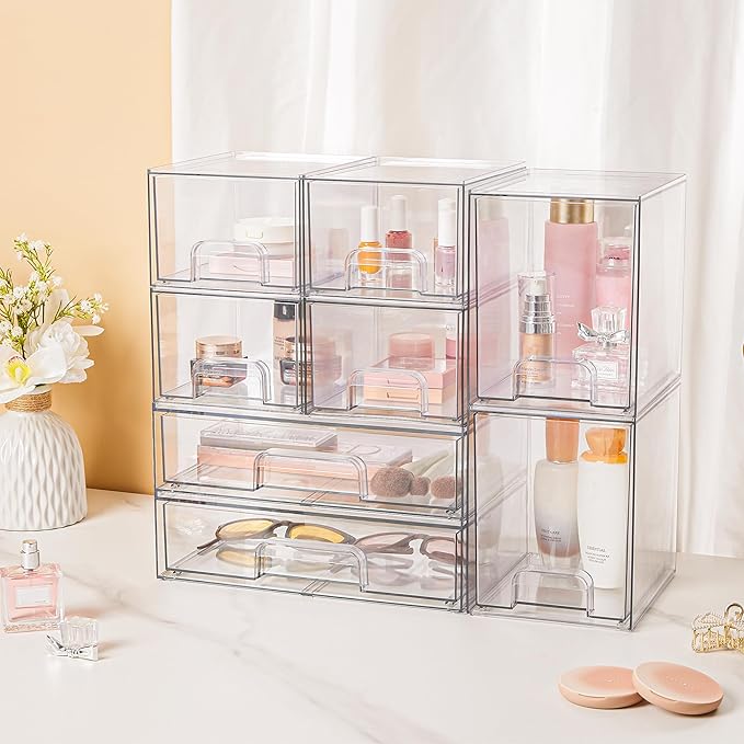 Vtopmart Stackable Storage Drawers Set of 8, Clear Plastic Organizer Bins for Bathroom Supplies,Ideal for Cabinet,Pantry,Laundry Room Organization
