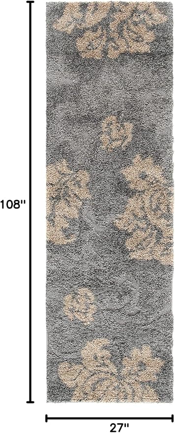 SAFAVIEH Florida Shag Collection Runner Rug - 2'3" x 9', Grey & Beige, Floral Design, Non-Shedding & Easy Care, 1.2-inch Thick Ideal for High Traffic Areas in Living Room, Bedroom (SG458-8013)