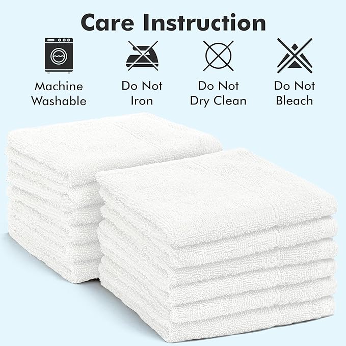 Face Towels Pack of 12 – 100% Cotton Wash Cloths (12x12 inch) – Soft, Quick Dry & Highly Absorbent Hand Towels for Bathroom, Spa, Gym, Kitchen and for Daily Use - (White)
