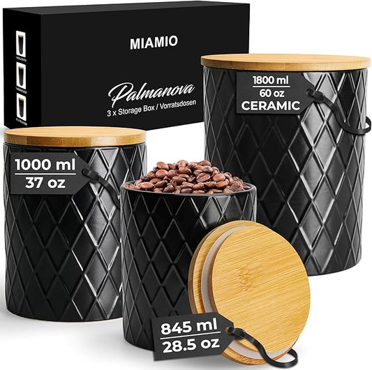 MIAMIO – Set of 3 Canister Sets for Kitchen Counter, Ceramic Kitchen Canister Set with Airtight Seal Wooden Lid - Perfect for Coffee, Tea, Sugar, Flour, Tea, Salt and More