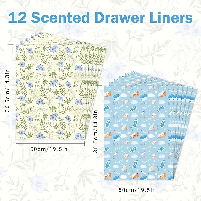 SCENTORINI Scented Drawer Liners for Dresser,6 Linen + 6 Baby Powder Scent Drawer Paper Liners, Paper Sheets Liner 14.3x19.5 Inch, for Fragrant Home Shelf Closet Bedroom Drawer