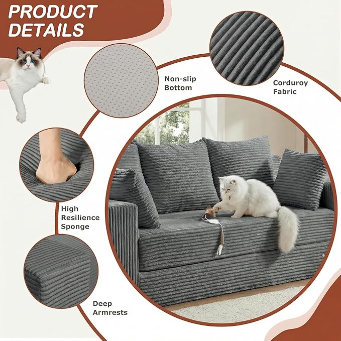 Convertible Sofa Bed, 5 in 1 Small Boneless Couch Pull Out Loveseat Sleeper Sofa,Corduroy Futon Couch Folding Mattress with 4 Pillows for Living Room Bedroom Lounge (No Assembly)