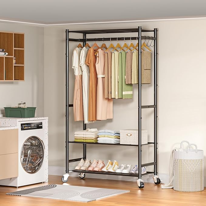 Rolling Clothes Rack for Hanging Clothes,Heavy Duty Garment Rack with 3 Tier Wire Shelves,Freestanding Portable Clothing Rack Wardrobe Rack, Black