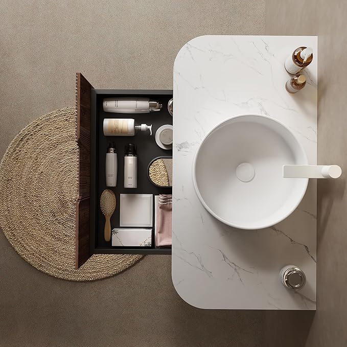 KEIKI 36" Bathroom Vanity Cabinet with Sink Combo, Wall Mounted Curved Edges Striped Floating Bathroom Vanity with Soft-Close Drawer, White Round Ceramic Basin Without Faucet, Dark Walnut