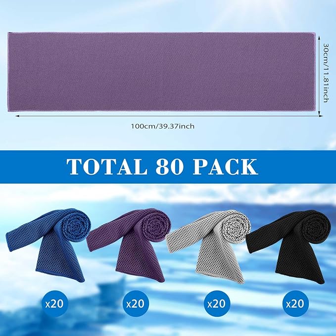 80 Count Cooling Towel Bulk 40 x 12 Inch Double Layer Microfiber Chilly Cold Towel for Neck Gym Yoga Running Workout Sports(Black, Purple, Gray, Blue)