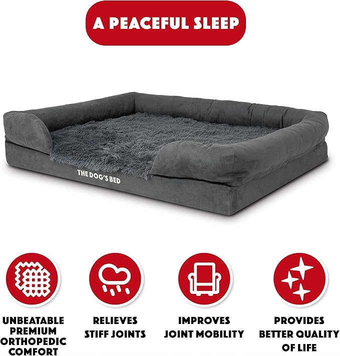 The Dog’s Bed, XL Grey Fur,Memory Foam, Pain Relief: Arthritis, Hip & Elbow Dysplasia, Post Surgery, Lameness, Supportive, Calming, Waterproof Washable Cover