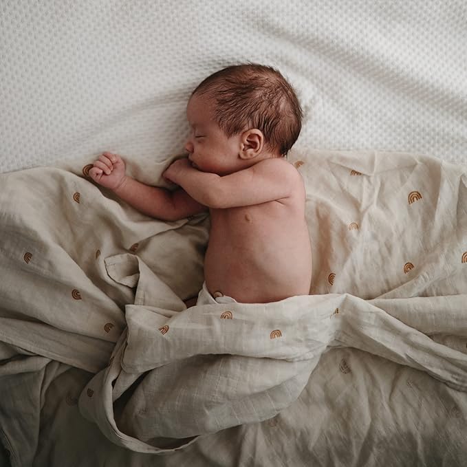 mushie Muslin Baby Swaddle Blanket | 100% Organic Cotton (Rainbows)