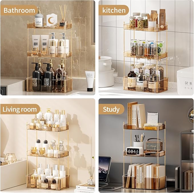 3 Tier Bathroom Organizer Countertop Makeup Perfume Tray Skincare Organizer for Bathroom Dresser Vanity (Gold)
