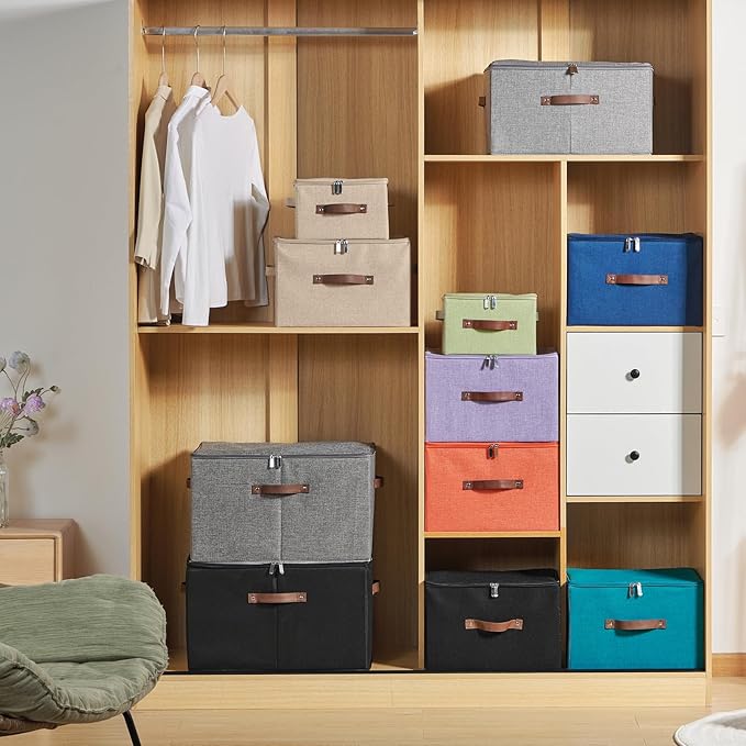 2 Pack Storage Bins with Zipper Lid Cotton Linen Fabric Lidded Storage Baskets Boxes Foldable Washable Closet Shelf Clothes Organizer Container with PU Leather Handles (Purple, Large)