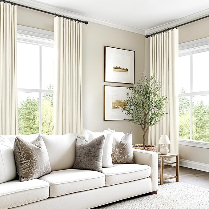INOVADAY 100% Blackout Curtains for Bedroom, Black Out Curtains 72 Inch Long, Clip Rings Linen Blackout Drapes, Thermal Insulated Room Darkening for Living Room, 2 Panels - Lightcream,W50xL72