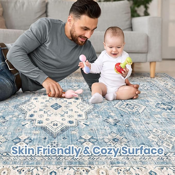 Vintage Living Room Area Rug 6x9 - Large Soft Washable Oriental Traditional Distressed Farmhouse Rugs for Bedroom - Indoor Floor Accent Carpet for Home Office House Decor - Blue