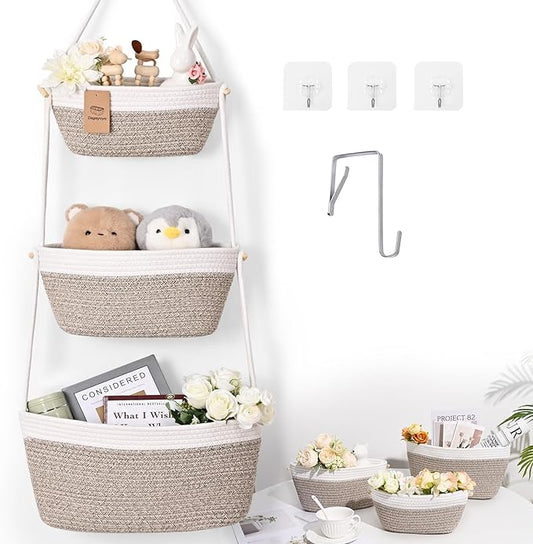 Hanging Storage Baskets, Over the Door Basket, Cotton Wall Baskets Storage, Hanging Door Basket with 4 Hooks