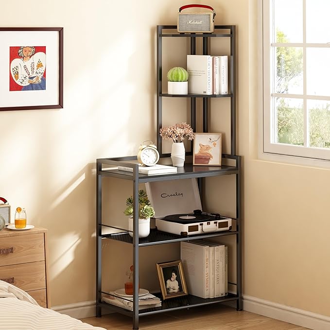 GILLAS 5 Tier Corner Shelf Stand, Freestanding Corner Shelf Unit Bookshelf, Corner Table with Shelf, Tall Storage Organizer Rack for Living Room, Bedroom, Office (Black)