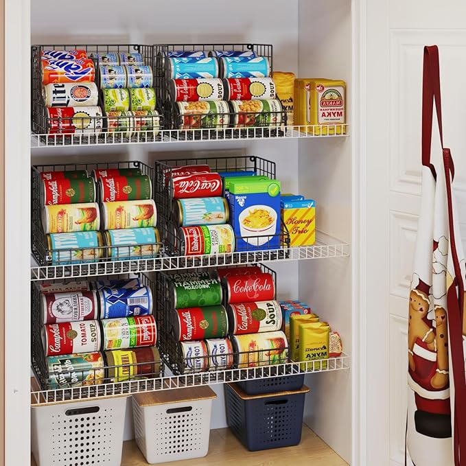 Stackable Can Organizer for Pantry with 2 Adjustable Dividers, Soda Can Organizer, Can Storage Dispenser Holds up to 28 Cans, 2 tier Metal Wire Baskets Can Holder for Kitchen Cabinet Pantry, Black