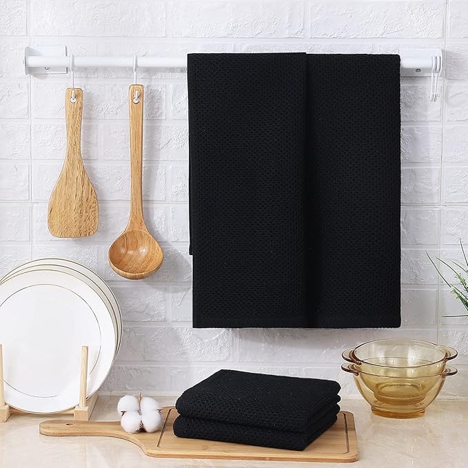 Kitinjoy 100% Cotton Waffle Weave Kitchen Hand Towels (13 x 28 Inches, Black), 8-Pack Super Soft and Absorbent Dish Towels for Drying Dishes