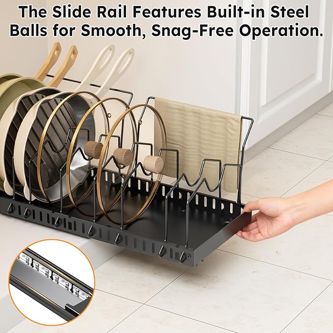 Pull-out Pots and Pans Organizer Under Cabinet - 1 Pack Expandable Pot and Pan Organizer Rack with 10 Adjustable Dividers for Pot, Cutting Board, Dishes, Lid, Baking Tray