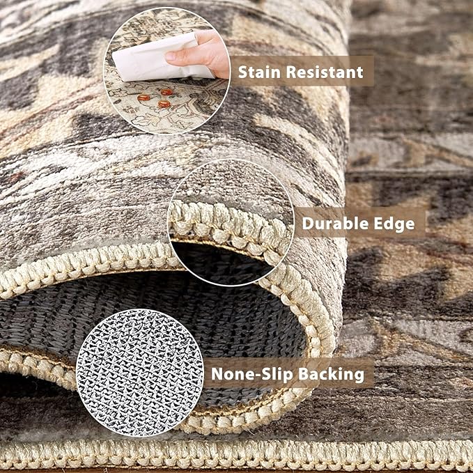 Vintage Hallway Runner Rug 3x8: Large Soft Washable Entryway for Kitchen Laundry Room Non-Slip Backing Runner for Entrance Living Room Bedroom Bathroom - Brown
