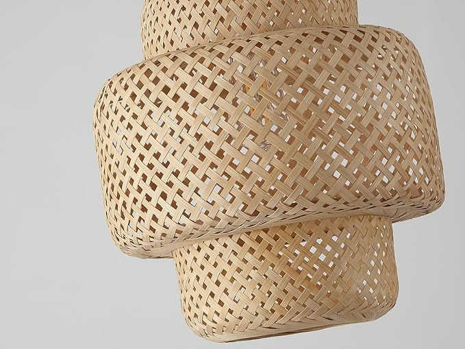 Bamboo Pendant Light Fixture One-Light Adjustable Boho Basket Handmade Woven Pendant Lighting for Kitchen Island Hallway Farmhouse Dining Room