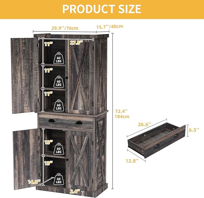 DWVO 72'' Farmhouse Kitchen Pantry, Rustic Wood Kitchen Storage Cabinets with Adjustable Shelves & Drawer, Tall Freestanding Cupboard for Dining Room, Living Room, Dark Gray