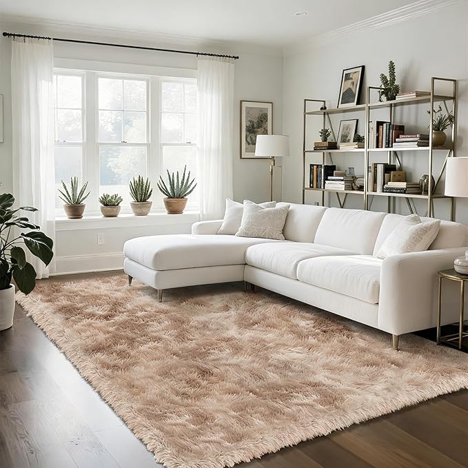 Fluffy Rug Shaggy Area Rug, Mottling Beige 8x10 Area Rugs for Living Room, Large Shag Area Rugs for Bedroom Kids Room Home Decor, Upgrade Anti-Skid Rectangular Fuzzy Rugs
