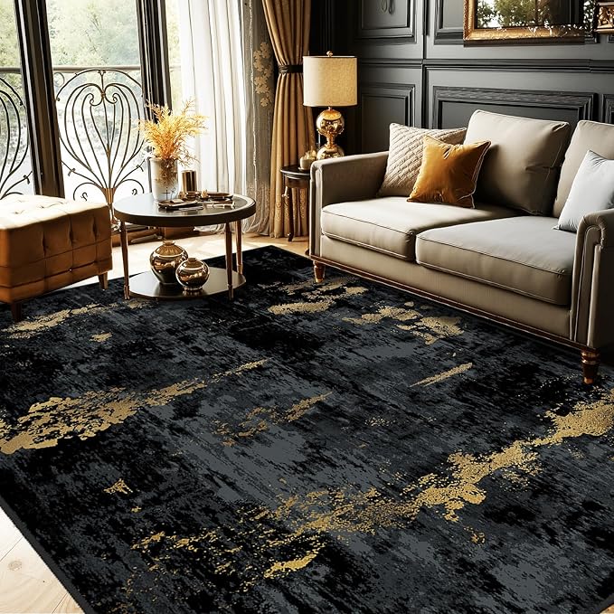 Washable Area Rugs 10'x12' Non-Slip Modern Abstract Soft for Living Room Entryway Bedroom Nursery, Print Pattern, Dark Black Gold