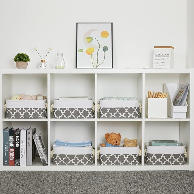 Bidtakay Small Storage Basket Cute Storage Bins Collapsible Fabric Basket Set of 6 Canvas Organizer Bin Empty Gift Baskets Baby Nursery Toys 11.8 X 7.8 X 5 Inches(White&Quatrefoil Grey)