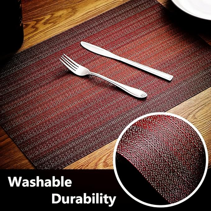 Placemats, Washable PVC Table Mats, Woven Vinyl Placemat for Dining Table Place Mats Set (6 placemats and 1 Table Runner, Wine Red)