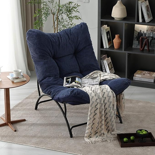 Welnow Accent Lounge Lazy Chair, Comfy Soft Leisure Metal Frame Reading Chair, Upholstered Thick Cushion Seated Recliner Sofa for Living Room, Bedroom, Dorm, Navy