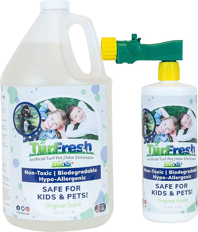 BioS+ Artificial Turf Odor Eliminator Value Pack – Yard Deodorizer – Enzyme Concentrate for Pet Urine & Feces – Safe for Kids & Pets – 1 Gallon & 32 oz Bottle Sprayer, Original Scent
