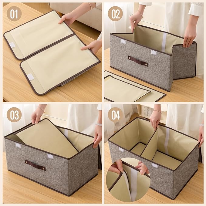 Linen Fabric Storage Bins with Lids and Dividers 2-Pack, 15L Collapsible Closet Organizers, Foldable Divided Boxes for Clothes, Beige Linen Closet Organization(Green)
