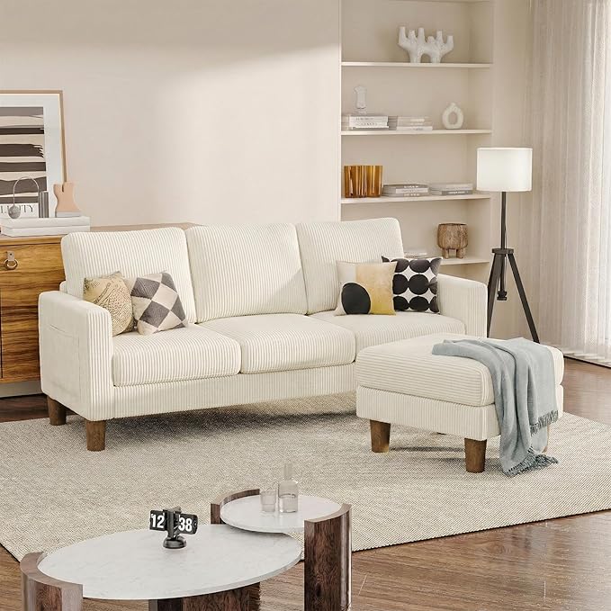 JUMMICO L Shape Sectional Sofa Couch, 3 Seat Convertible Sofa with Movable Ottoman and Side Storage Pockage, Modern Sofa Small Couches for Living Room & Apartment and Small Space (Corduroy, Beige)