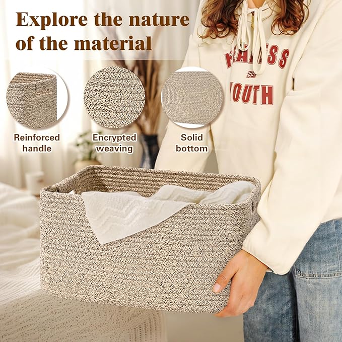 4 Pack Large Storage Basket for Organizing, 17.5"x13"x7" Woven Basket for Shelves, Closet Cube Storage Bins with Wrapped Handle, Cotton Rope Baskets for Kitchen, Clothes, Toys(Natural))