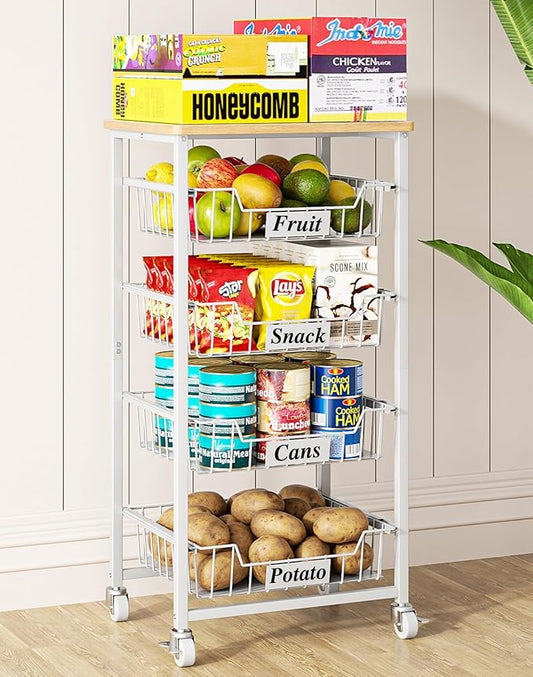 5-Tier Small Kitchen Storage Cart on Wheels with Pull-Out Drawers, Rolling Pantry and Snack Organizer Cart with Wood Top, Kitchen Floor Fruit Basket Stand for Fruit Potato Onion Veggie Snack