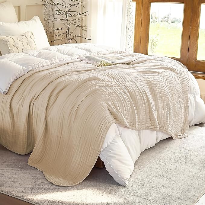 SANACYNA Queen Size Muslin Blankets for Adults 100% Cotton 6-Layer Gauze Light Tan Cooling Throw Blanket Lightweight Soft Breathable Blanket for Sofa Coverlet Both Sides (Light Tan, Queen 90" X 90")