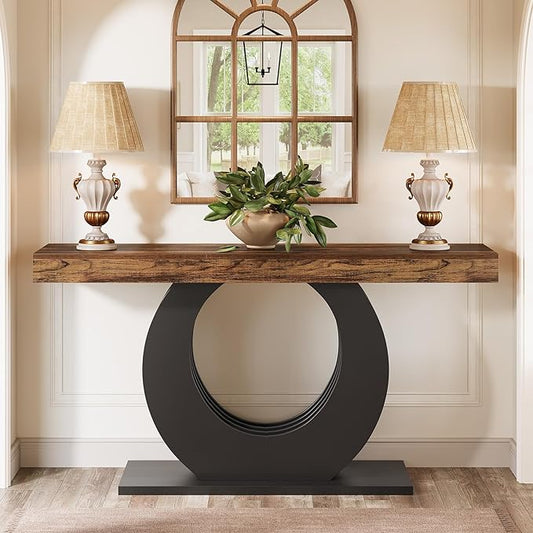Tribesigns 63-Inch Console Sofa Table, Rustic Industrial Farmhouse Entryway Table, Narrow Long Couch Console Behind Sofa with Black Circle Base for Living Room Hallway, Rustic Brown