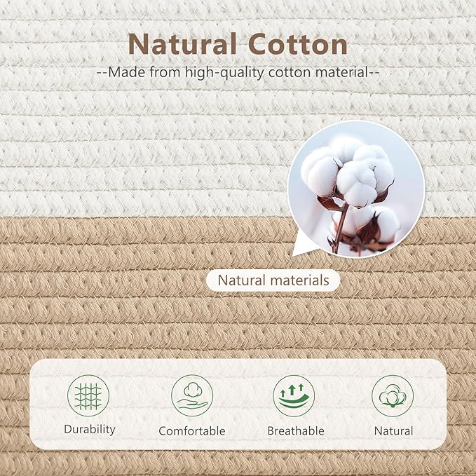 Cotton Rope Basket, Storage Baskets with Handle, 15x10x9 Inch Woven Basket for Shelves, Laundry, Towels, Clothes, Books (White/Beige 2Pack)