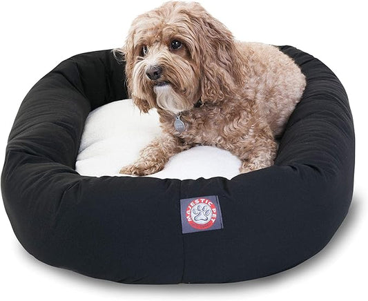 Majestic Pet 32 Inch Poly-Cotton Sherpa Calming Dog Bed Washable 32x18x8 (inch) – Cozy Soft Round Donut Dog Bed with Spine for Head Support - Pet Bed Medium - Black