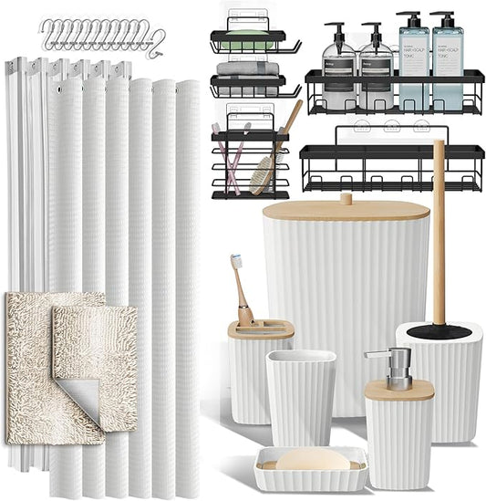 Clara Clark Bathroom Accessories Set - 27PC Bathroom Set with Adhesive Corner Shower Caddy Hanging, Bathroom Sets with Shower Curtain and Rugs, Ombre White Shower Curtain Set with Bathroom Trash Can
