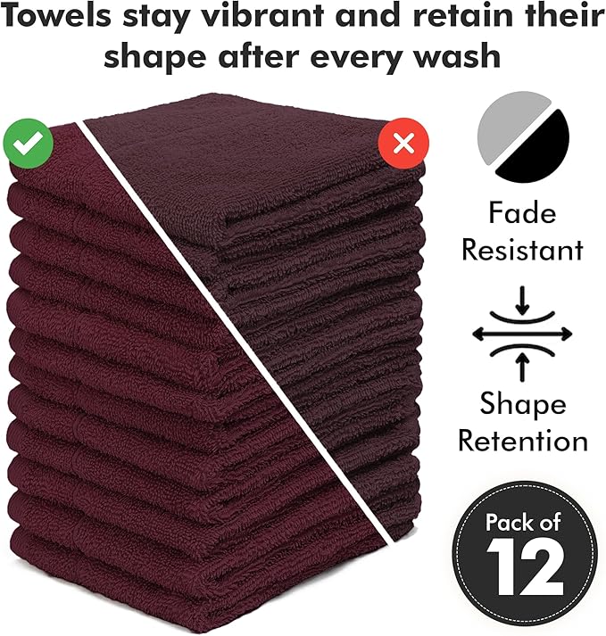 Face Towels Pack of 12 – 100% Cotton Wash Cloths (12x12 inch) – Soft, Quick Dry & Highly Absorbent Hand Towels for Bathroom, Spa, Gym, Kitchen and for Daily Use - (Burgundy)