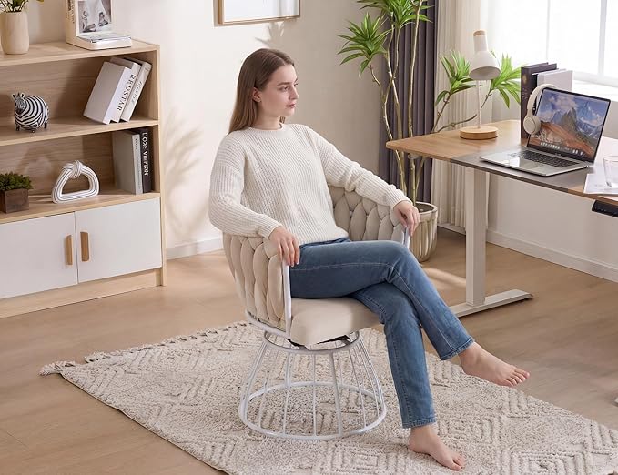 Mistpeople Swivel Weave Accent Chair, Velour Upholstered Modern Chair with Woven Tufted Backrest for Living Room, Bedroom, Vanity, Beige