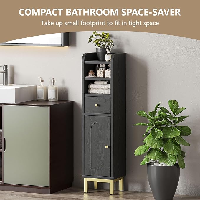 Small Bathroom Storage Cabinet, Bathroom Cabinet with Adjustable Shelves & Doors & Drawer, 7.87" x 7.87" x 32.4" Narrow Toilet Paper Cabinets for Small Spaces Organizer, Black