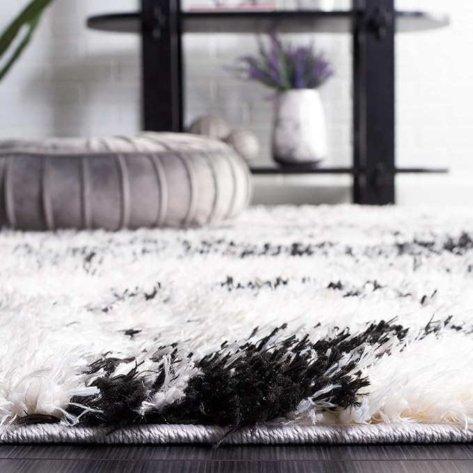 SAFAVIEH Lindsay Shag Collection Runner Rug - 2'2" x 8', Grey & Black Ivory, Modern Design, Plush 1.8-inch Thick, Ideal for High Traffic Areas in Living Room, Bedroom, Dining Room (LNS556G-28)