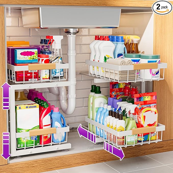 ADBIU Under Sink Organizer, 2 Pack 2 Tier Expandable Height (White, XL) Under-Sink Bathroom Kitchen Organizers And Storage